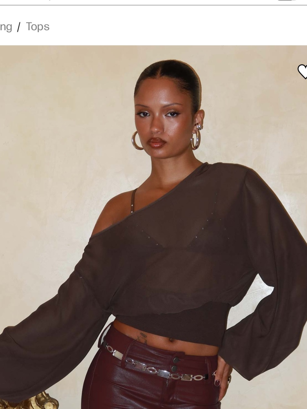 Princess Polly Brown One-Shoulder Sheer Crop Top with Burgundy Skirt Accent